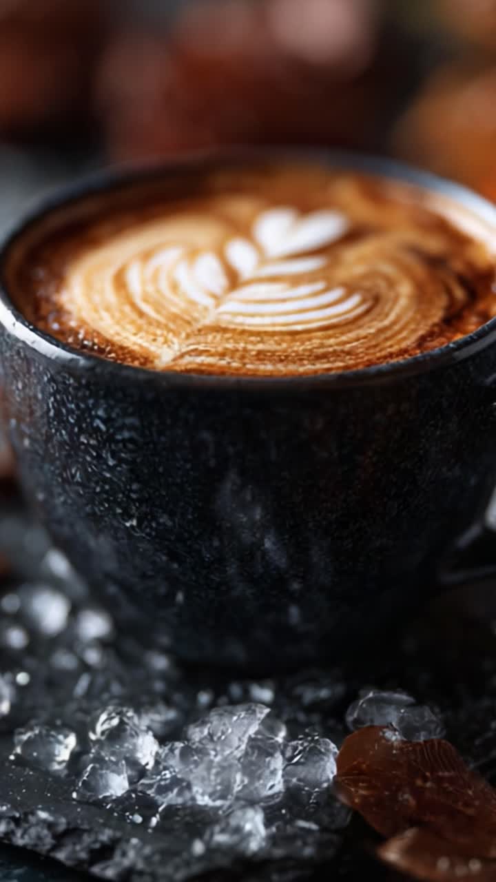 Accattivante primo piano di un latte macchiato realizzato ad arte con eleganti decorazioni di schiuma, che mette in mostra una ricca esperienza di caffè circondato da un'atmosfera invitante
