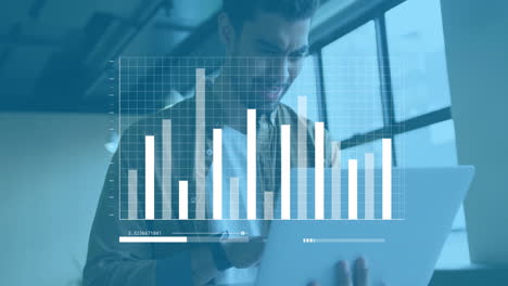 animation of financial data processing over biracial businessman using laptop