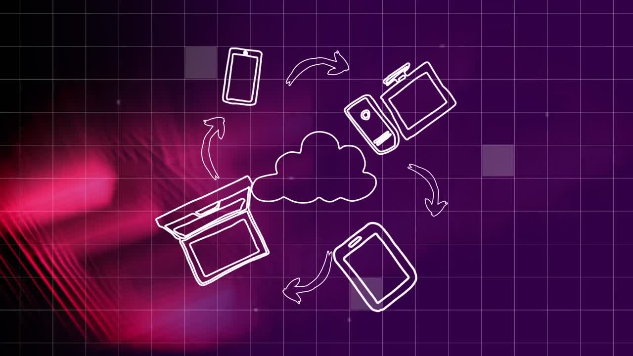 Animation of digital icons and cloud over glowing pink grid