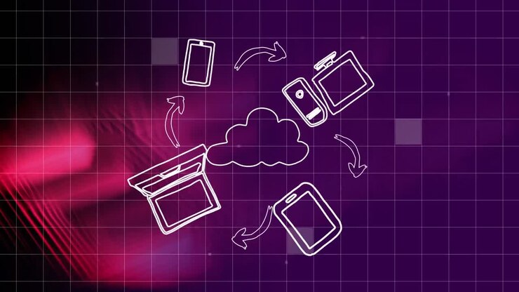 Animación de iconos digitales y una nube sobre una cuadrícula rosa brillante
