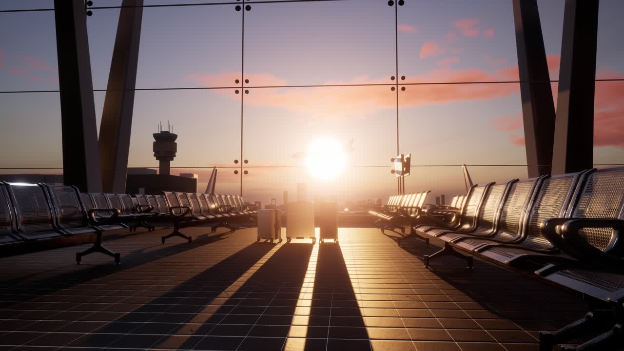 maletas en la sala de salidas del aeropuerto, avión en el fondo, concepto de vacaciones de verano, maletas de viajero en la zona de espera de la terminal del aeroporto, interior del pasillo vacío con grandes ventanas, hora de la puesta de sol