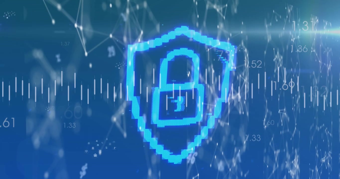 Animation of numbers, connections, digital padlock and light on blue background