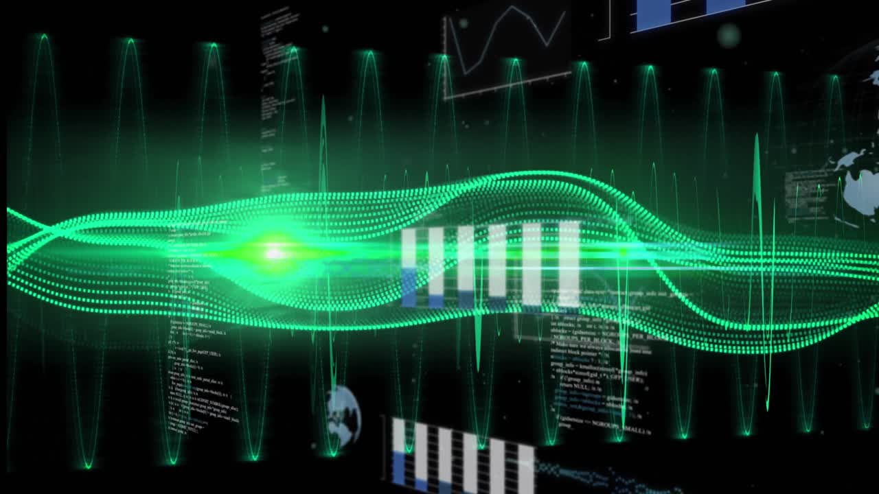 Animation of green digital wave and light spot over statistical data processing on black background