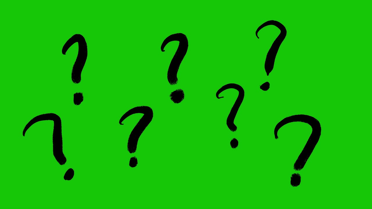 Punti interrogativi disegnati a mano che appaiono su sfondo green screen