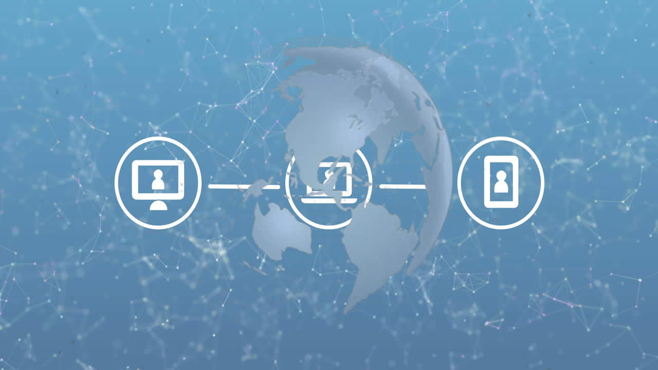 animación de iconos de medios y globo sobre fondo azul