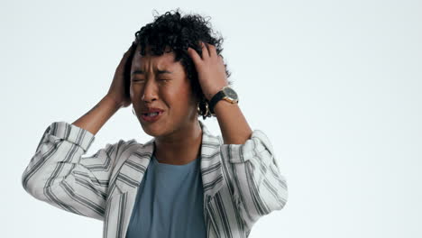 Stress,-woman-and-hands-on-head-in-studio