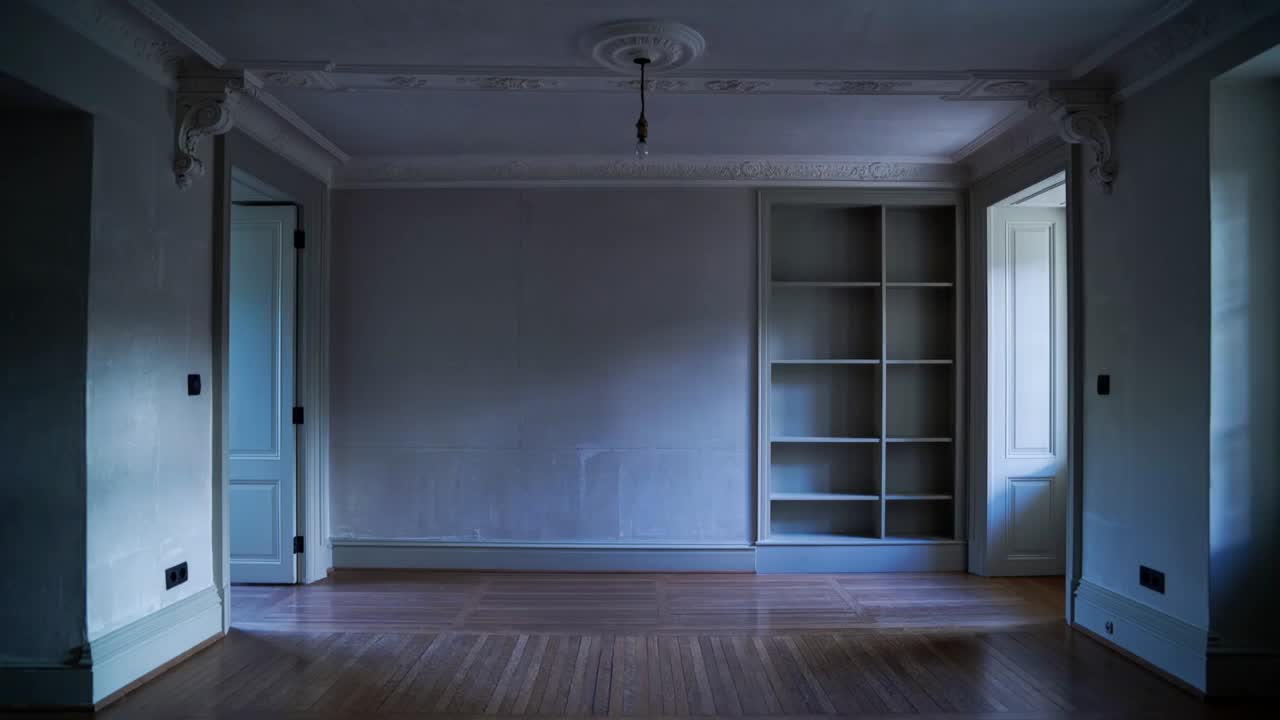 Streaming sunlight brightening central wall with built-in shelving at home, warming parquet floor