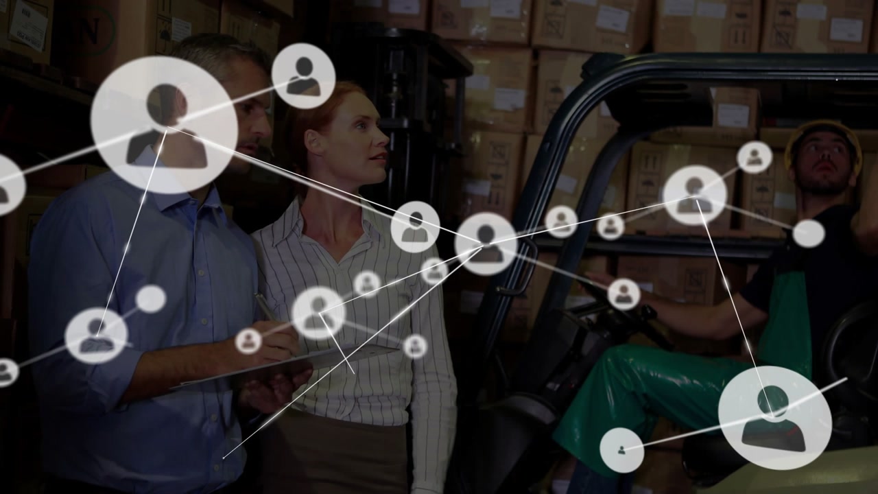 Vertical video: Staff using notes pointing toward forklift causing network overlay for logistics