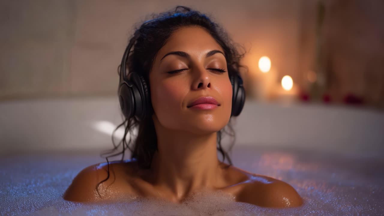 Rilassarsi in un caldo bagno di bolle ascoltando musica: una fuga beata per mente e corpo, perfetta per la serenità da spa e momenti di cura di sé.