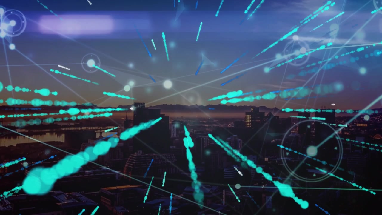 Animation of network of connections and green and blue dots moving fast over cityscape