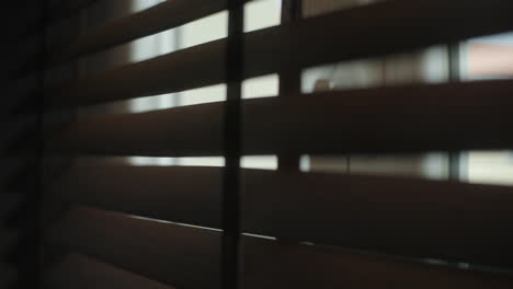 hand adjusting wooden blinds at a window