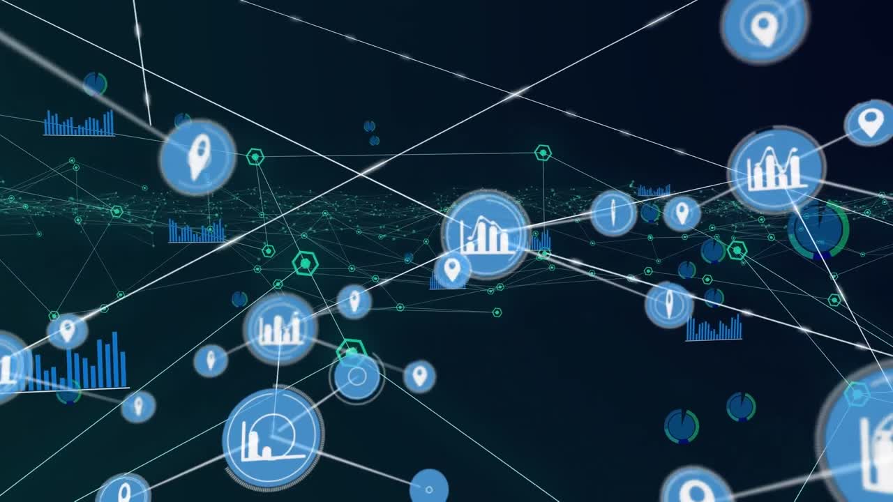Animation of network of connections with icons over black background