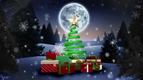 árbol de navidad y regalos en un paisaje nevado