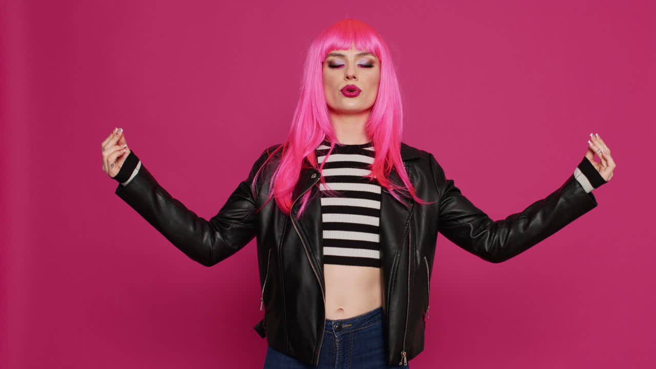 Carefree happy woman feeling zen and meditating in studio