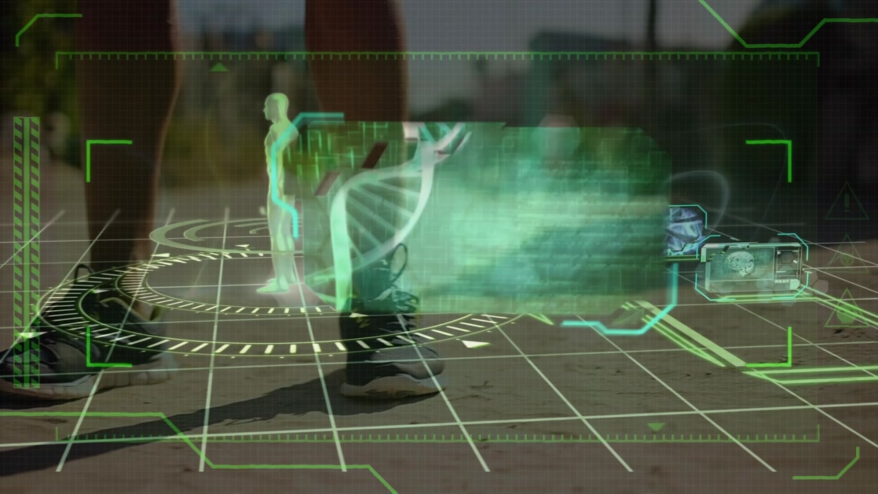 Animation of dna strand spinning and data processing over african american man on racing track