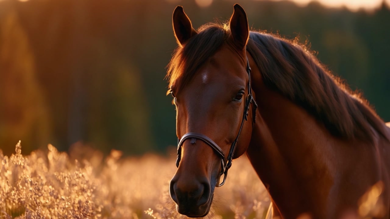 Maestoso cavallo marrone che si erge con grazia tra campi dorati al tramonto, mostrando la sua bellezza in un sereno paesaggio naturale con illuminazione soffusa e fiori.