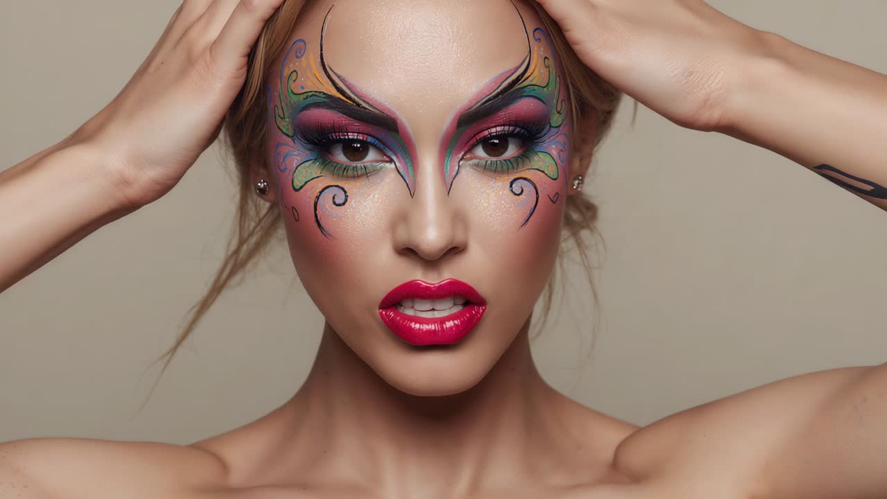 Modella che reagisce all'input della fotocamera in studio, con trucco audace a farfalla, ciglia finte e spalle scoperte