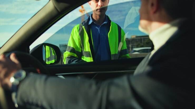 Controllo stradale con agente che parla al conducente