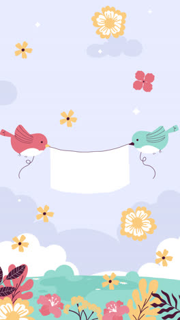 birds holding a banner with flowers