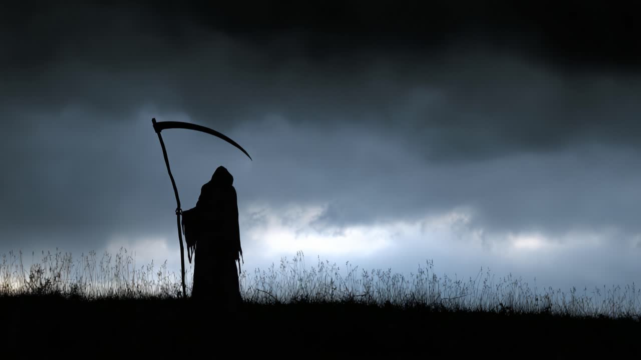 Una figura oscura sagomata contro nuvole minacciose brandisce una falce, rappresentando la morte e l'ignoto in un inquietante paesaggio di ombre