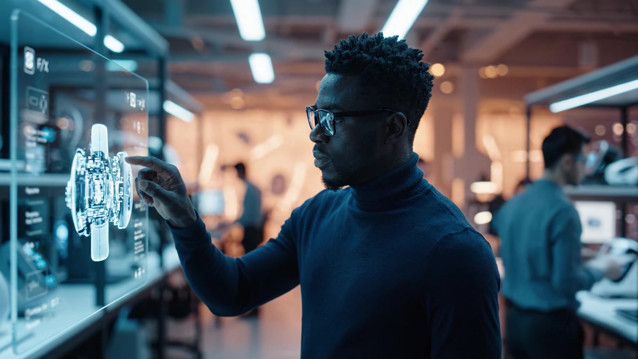 Focused Individual Analyzing Advanced Technology Display in Modern Office Environment, Engaging with Interactive Data Visualization and Digital Interface