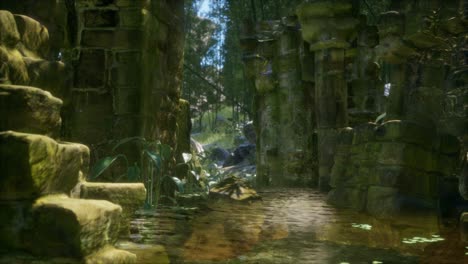 casa de piedra antigua en ruinas cubierta de plantas y helechos en un denso bosque verde