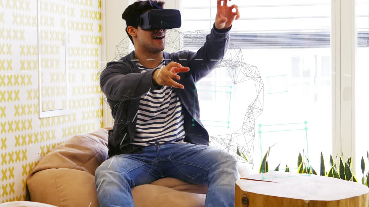 animación de una red de conexiones en movimiento, sobre el hombre en auriculares vr sentado utilizando una interfaz virtual