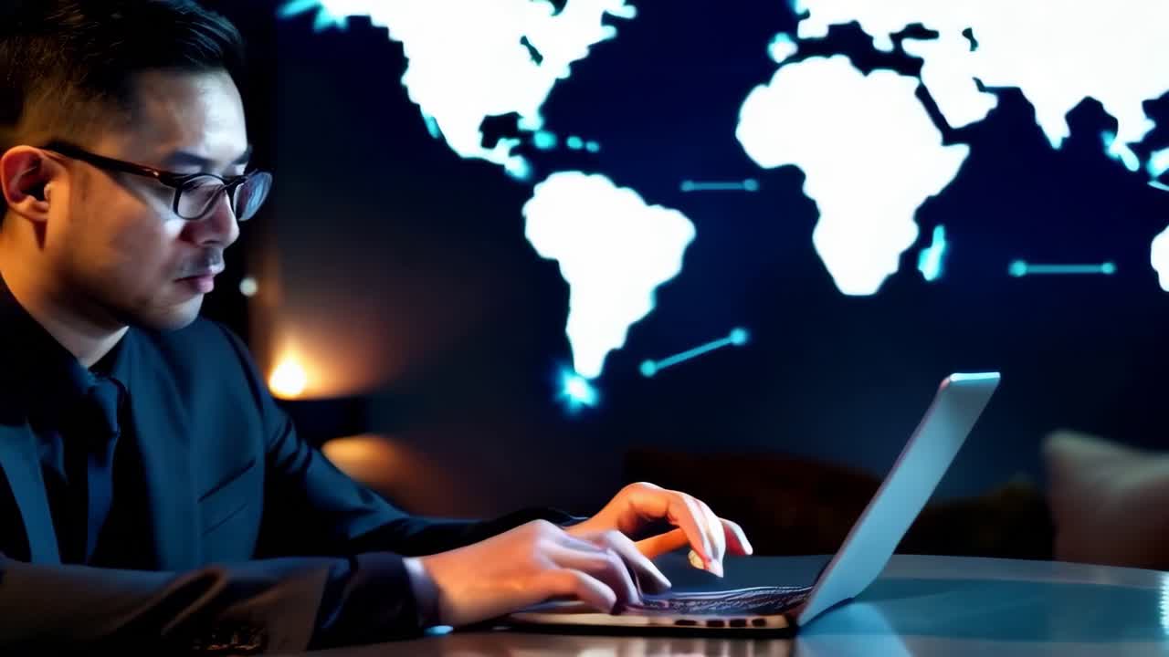 An asian businessman with glasses working on a laptop, a digital network map on background.