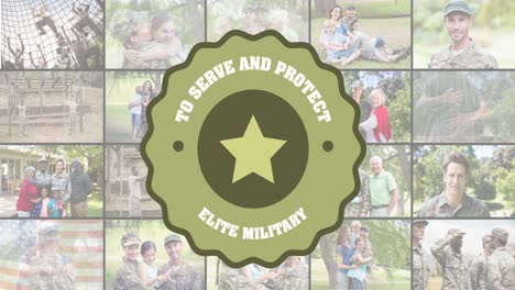 animation of to serve and protect elite military text over diverse soldiers with families