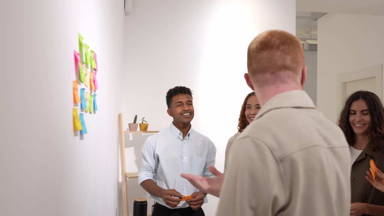 Diverse Business Team Brainstorming with Sticky Notes in Office
