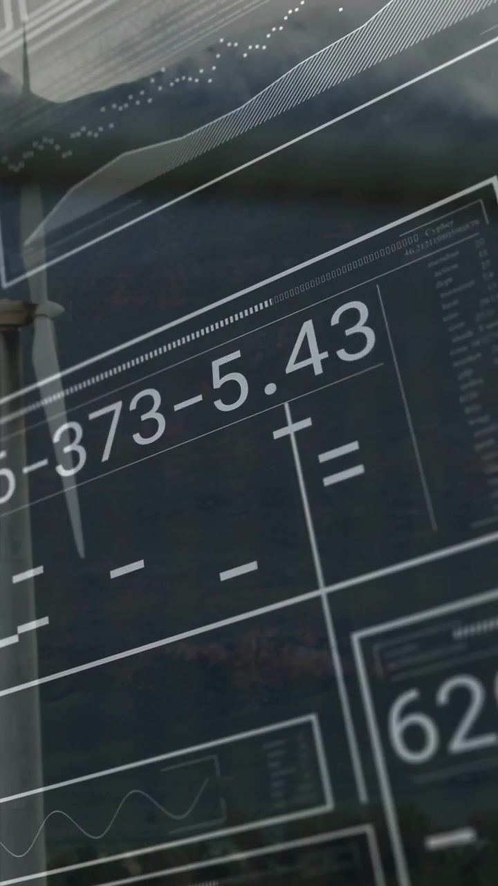 Vertical video: HUD panels sliding over ridge revealing turbine while monitoring energy readouts