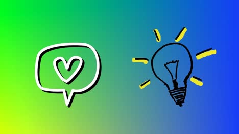 Animation-of-heart-and-light-bulb-icons-beaming-on-blue-to-green-background