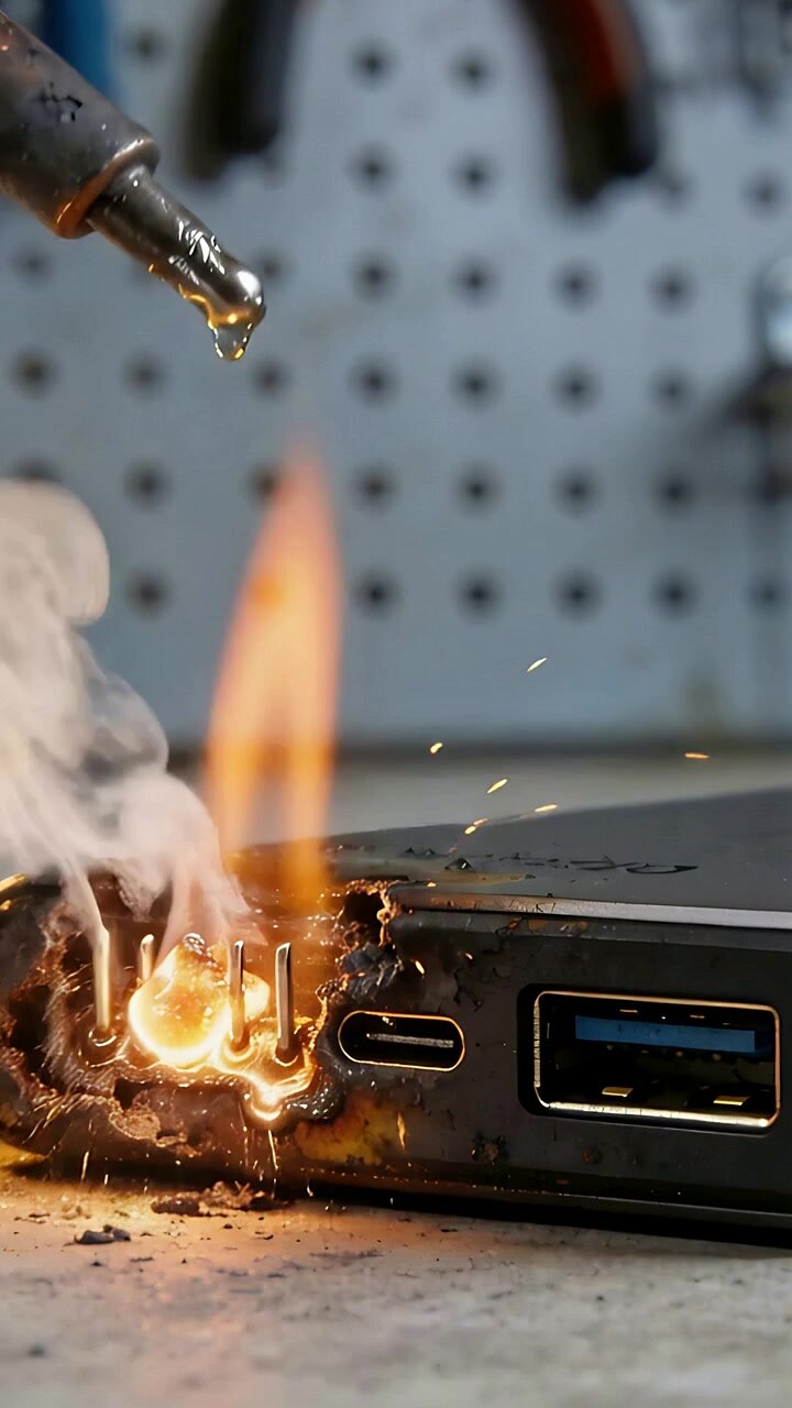 Vertical video: Dropping droplet from metal tip, powerbank exposed pins catching flame on workbench