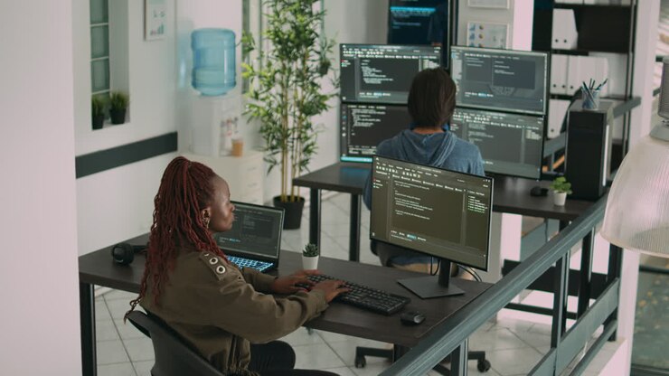 Afroamerikansk programmør, der skriver kildekode på computer