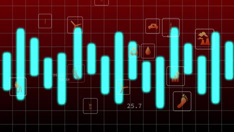 animation of glowing blue bar graph with health icons on red grid background