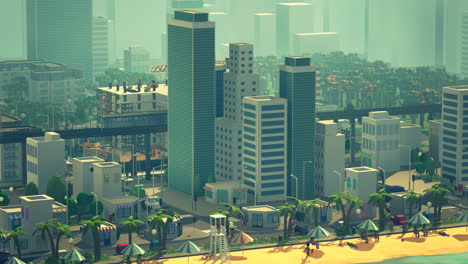 Low-poly-3d-animation-of-the-city-life.-Urban-aerial-view-of-the-city-block-with-skyscrapers,-offices,-shops-and-cars-driving-on-the-streets.-People-are-walking-on-the-crosswalks.