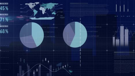 animation of statistical data processing over silhouette of tall buildings against blue background