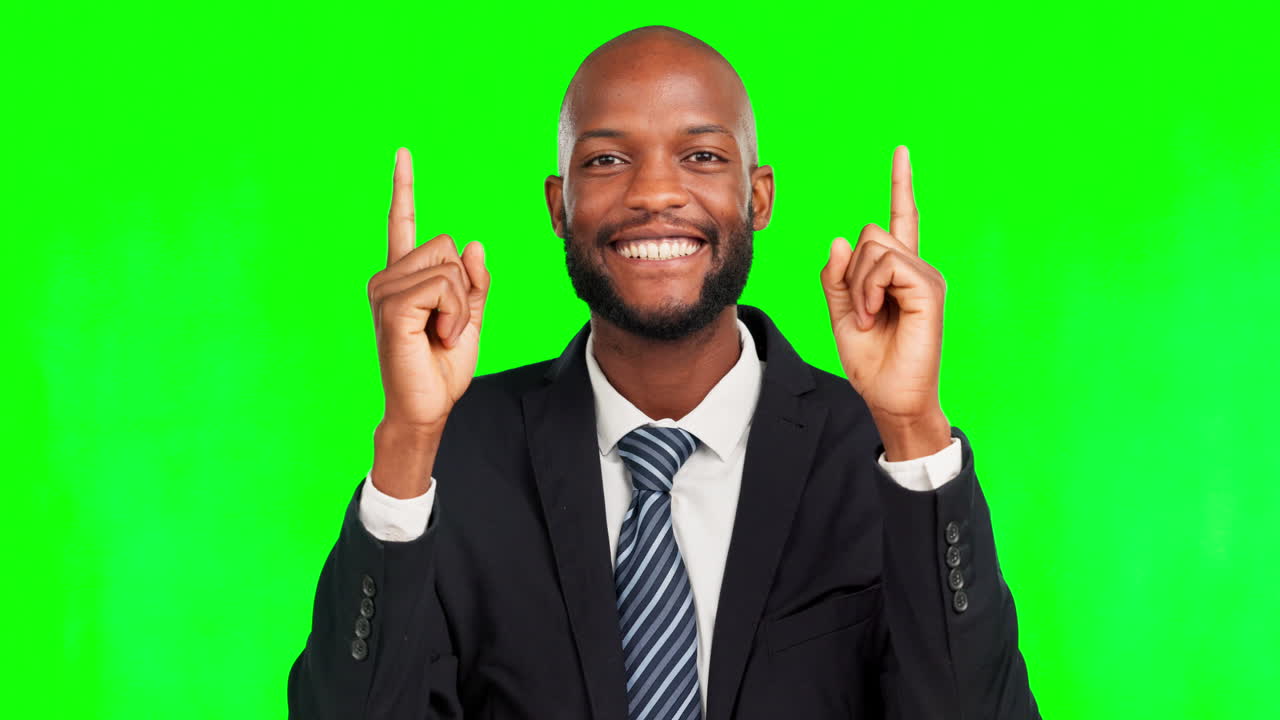Green screen, face and happy black man point