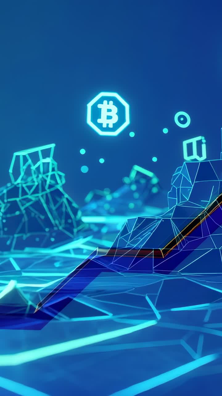 Vertical video: Materializing trending line rising toward Bitcoin emblem in grid, with data nodes