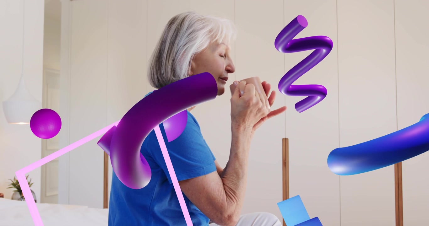 Senior woman grasping ceramic mug beside bed and lifting while savoring tea in wellness routine