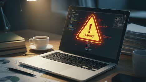 warning encountered on a laptop screen: a bright alert about farning with coffee and office documents surrounding for a focused workspace