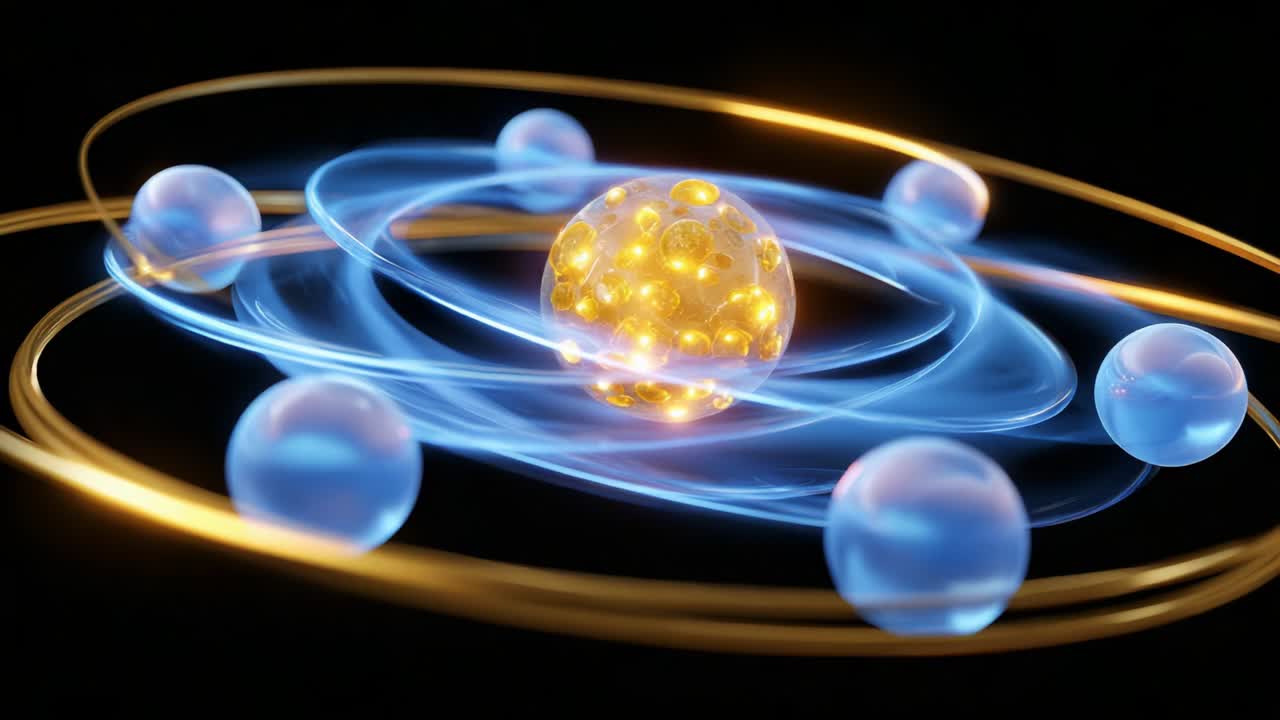 An artistic representation of atomic structure showcasing the vibrant interactions of electrons orbiting a glowing nucleus in a captivating cosmic dance, revealing the intricate design of matter at its core