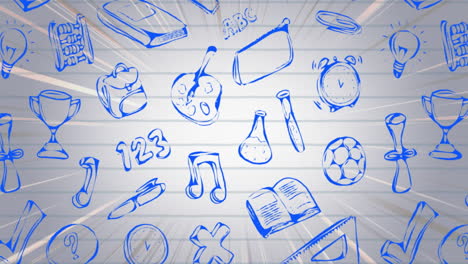 múltiples iconos de concepto de la escuela moviéndose contra el papel de línea blanca