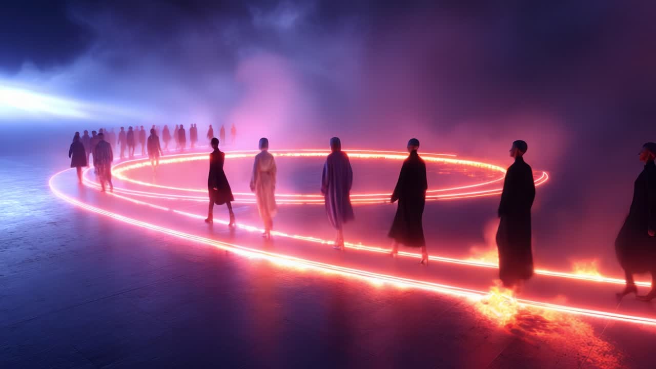 A mesmerizing visual of individuals elegantly traversing a glowing circular path illuminated by vivid neon lights amidst a mystical ambiance, highlighting a surreal and imaginative representation of movement and style