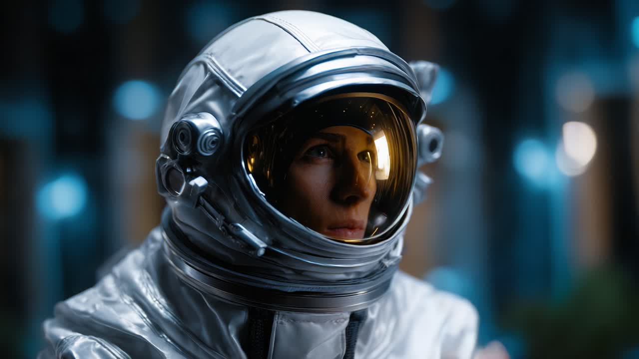 En tankefuld astronaut i sølvdragt betragter universet, med refleksioner i visiret, mens verden udenfor sløres ind i en drømmeagtig baggrund