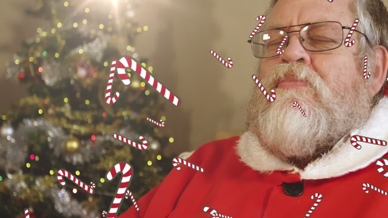 Animazione di bastoncini di zucchero che cadono su Babbo Natale che beve latte a Natale