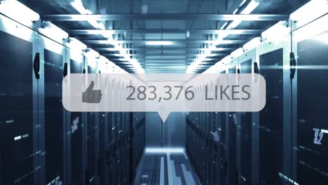 Animation-of-thumbs-up-icon-with-increasing-likes-and-multiple-numbers-against-computer-server-room