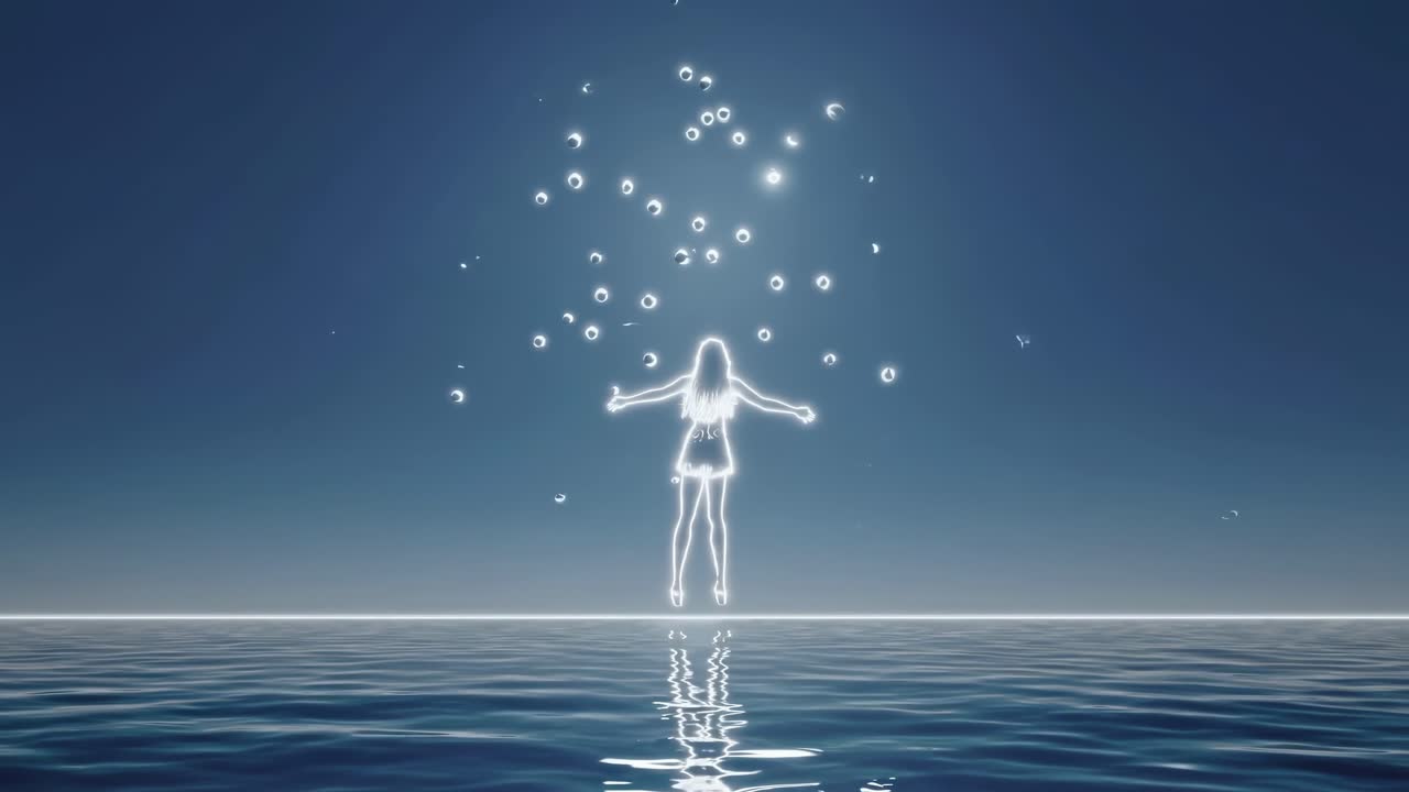 Floating Woman in Neon Light Over Water