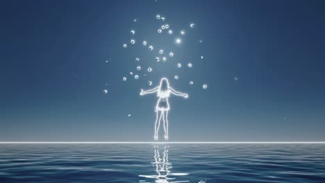 floating woman in neon light over water