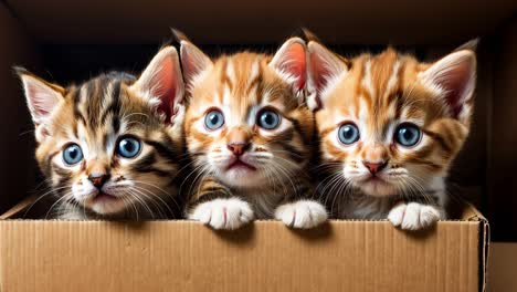 three kittens are sitting in a cardboard box